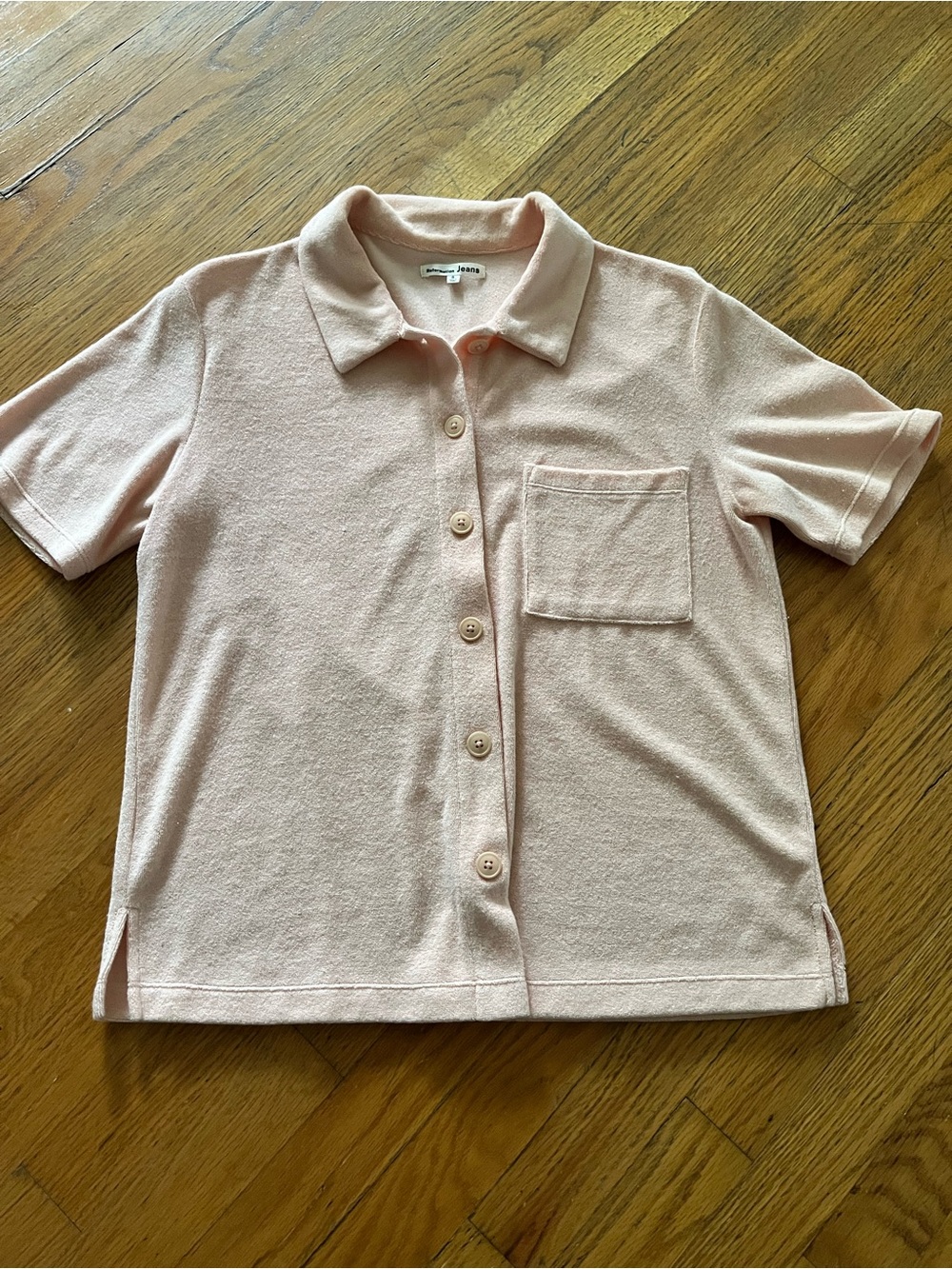 Reformation Jeans Polo Button up Short Sleeve Pale Peach Terry Cloth Blouse